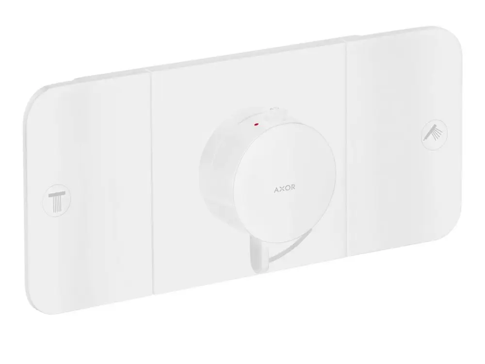 Thermostatmodul von AXOR in mattem Weiß, geeignet für die Steuerung von zwei Verbrauchern, mit zentralem Bedienknopf und Symbole für verschiedene Anwendungen.